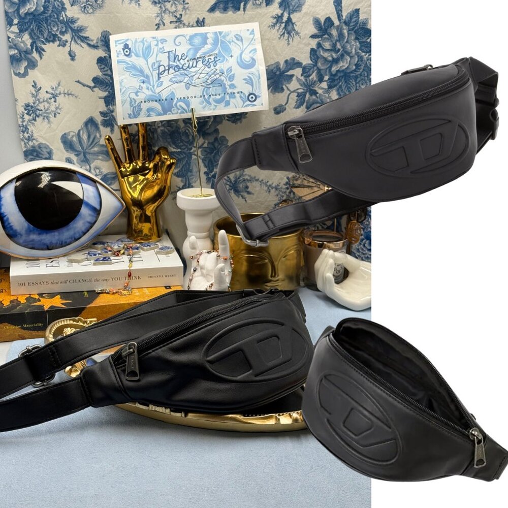 🆕 DIESEL 🧿 NWOT Black Koinbe Embossed-Logo Belt Bag, Black PU Vegan Leather